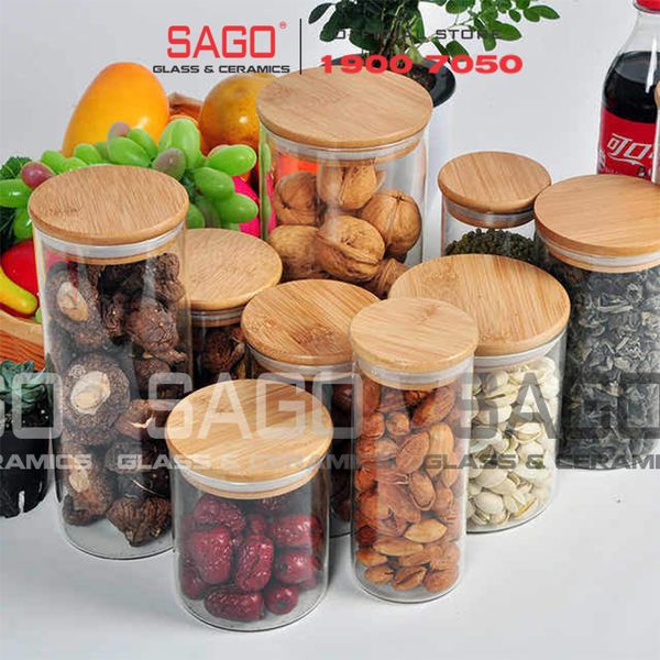  Hũ Thủy Tinh Trụ Nắp Gỗ Tre Cao Cấp | Tùy Chọn Dung Tích 