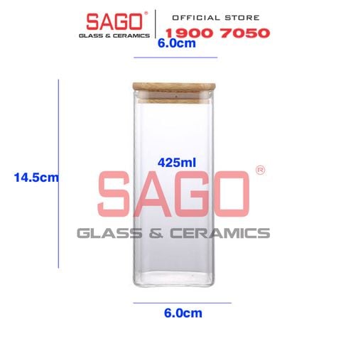  GPG4060-2 - Hũ Thủy Tinh Vuông Delisoga Borosilicate Storage Glass 425ml Nắp Gỗ | Thủy Tinh Cao Cấp 