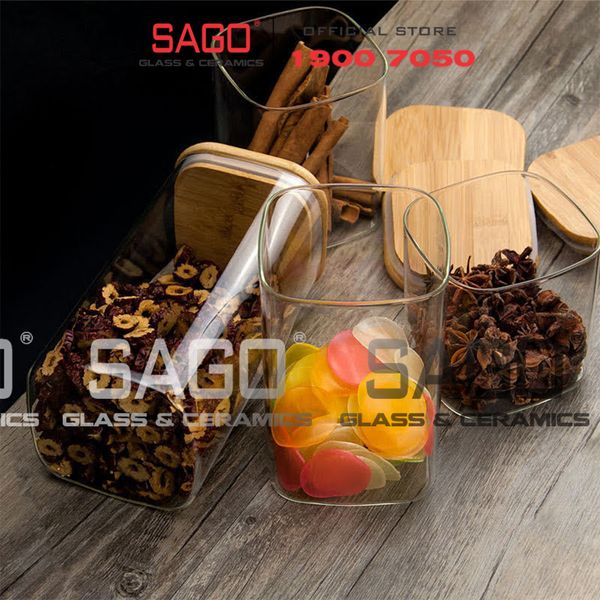  GPG4010-2 - Hũ Thủy Tinh Vuông Delisoga Borosilicate Storage Glass 1210ml Nắp Gỗ | Thủy Tinh Cao Cấp 
