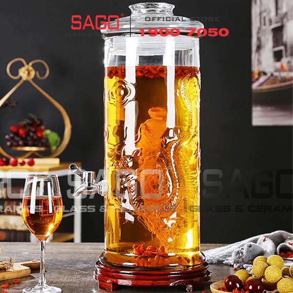  Bình Ngâm Rượu Trụ Rồng Nắp Thủy Tinh 25.0 Lít | Tùy Chọn Có hoặc không Vòi 