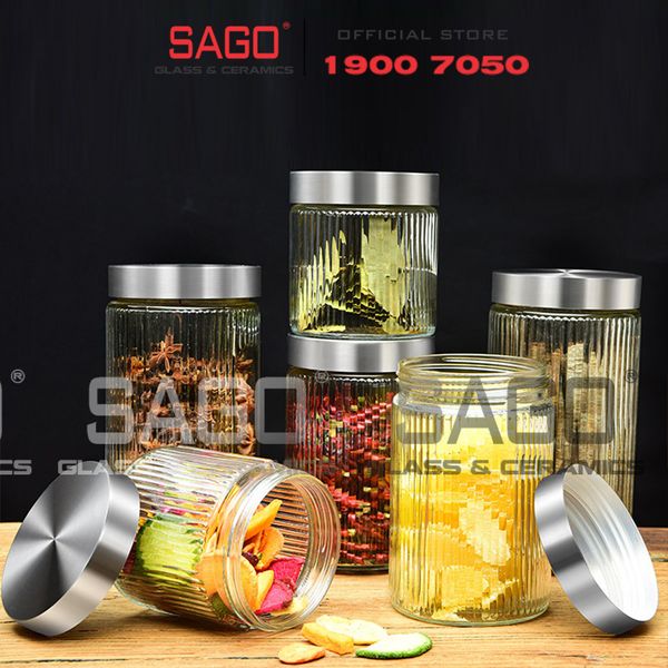  DELI HMFG60-1250B - Hũ Thủy Tinh Delisoga Striped Pillar Glass Jar 1250ml , Nắp Inox 304 | Thủy Tinh Cao Cấp 