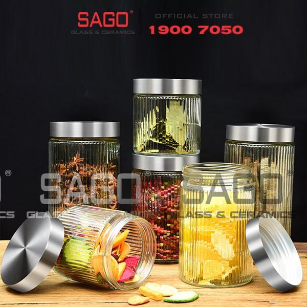  DELI HMFG60-900B - Hũ Thủy Tinh Delisoga Striped Pillar Glass Jar 900ml , Nắp Inox 304 | Thủy Tinh Cao Cấp 