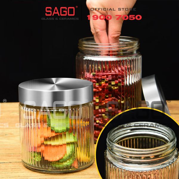  DELI HMFG60-900B - Hũ Thủy Tinh Delisoga Striped Pillar Glass Jar 900ml , Nắp Inox 304 | Thủy Tinh Cao Cấp 