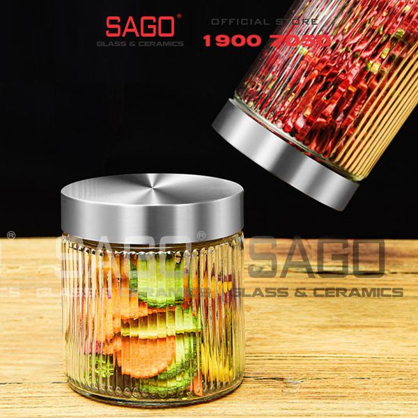 DELI HMFG60-1250B - Hũ Thủy Tinh Delisoga Striped Pillar Glass Jar 1250ml , Nắp Inox 304 | Thủy Tinh Cao Cấp 