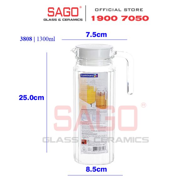  Luminarc 53808 - Bình Nước Thủy Tinh Luminarc Quadro Cao Cấp 1300ml |  Thủy Tinh Cao Cấp 
