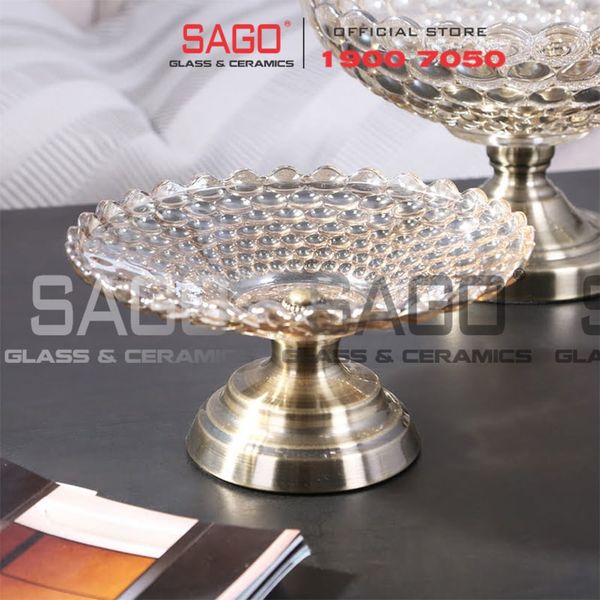 ELEGANT NC-354 - Dĩa Thủy Tinh Chấm Bi Chân Đồng Elegant Đường Kính 24.0cm | Thủy Tinh Màu Cao Cấp 