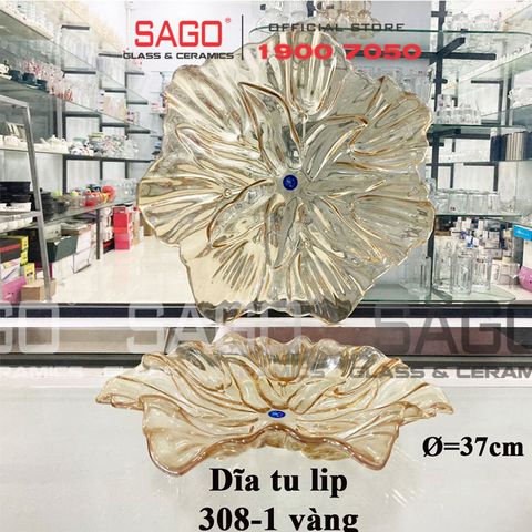  ELEGANT 308-1V - Dĩa Thủy Tinh Cạn Hoa Tulip Vàng Elegant Đường Kính 37.0cm | Thủy Tinh Màu Cao Cấp 