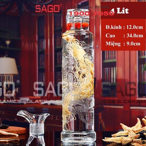  Bình Ngâm Rượu Trụ Nắp Gài 4.0 Lít | Họa Tiết Long Phụng 