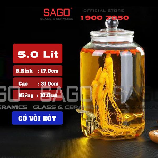  Bình Thủy Tinh Ngâm Rượu Bầu Lùn Nắp Thủy Tinh Có Ron Nhựa 5.0 Lít | Tùy Chọn Có hoặc không Vòi 