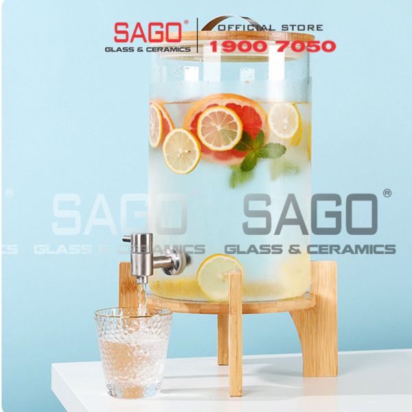 Bình Sâm Trụ Ngâm Rượu Thủy Tinh Có Chân Đế Gỗ 8.0 Lít | Nắp Thủy Tinh , Có Vòi Inox 