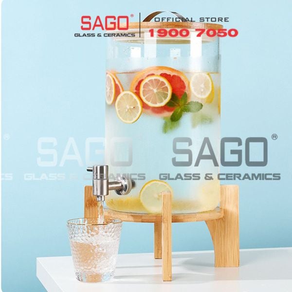  Bình Sâm Trụ Ngâm Rượu Thủy Tinh Có Chân Đế Gỗ 10 Lít | Nắp Thủy Tinh , Có Vòi Inox 