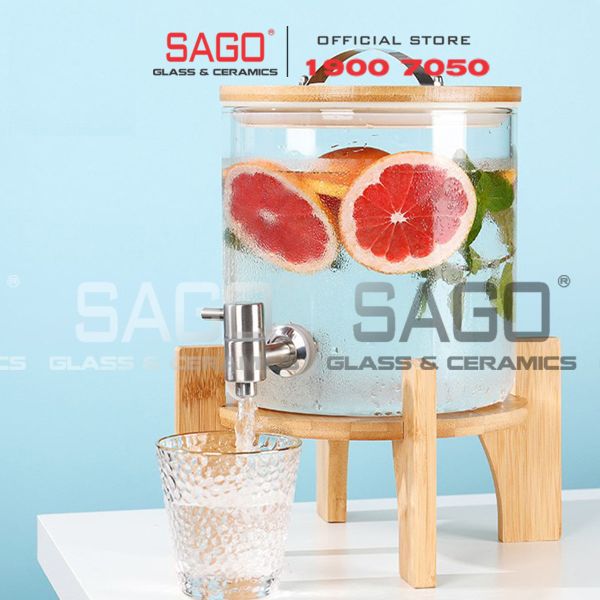  Bình Sâm Trụ Ngâm Rượu Thủy Tinh Có Chân Đế Gỗ 6.0 Lít | Nắp Thủy Tinh , Có Vòi Inox 