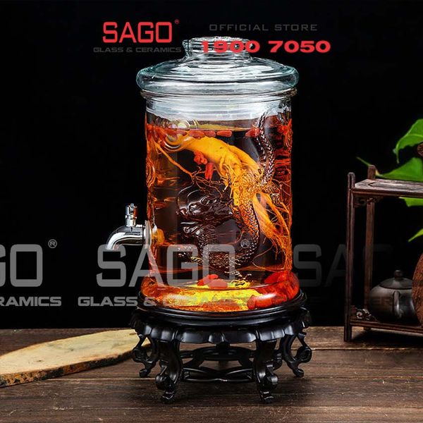  Bình Ngâm Rượu Trụ Rồng Nắp Thủy Tinh 12.0 Lít | Tùy Chọn Có hoặc không Vòi 