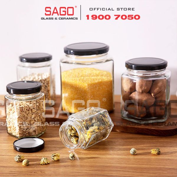  Hũ Thủy Tinh Lục Giác Nắp thiết Cao Cấp | Tùy Chọn Dung Tích 