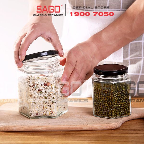  Hũ Thủy Tinh Lục Giác Nắp thiết Cao Cấp | Tùy Chọn Dung Tích 