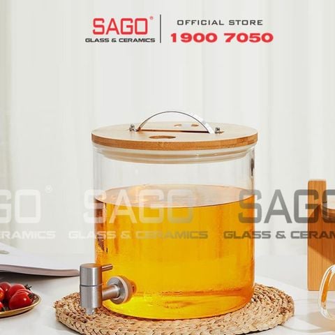  Bình Sâm Trụ Ngâm Rượu Thủy Tinh Có Chân Đế Gỗ 6.0 Lít | Nắp Thủy Tinh , Có Vòi Inox 
