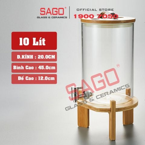  Bình Sâm Trụ Ngâm Rượu Thủy Tinh Có Chân Đế Gỗ 10 Lít | Nắp Thủy Tinh , Có Vòi Inox 
