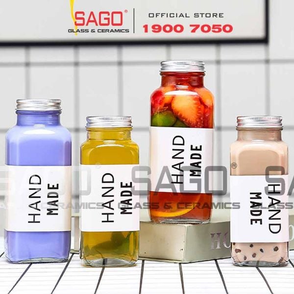  Chai Thủy Tinh Vuông Nước Ép miệng To Nắp nhôm | Tùy Chọn Dung Tích 
