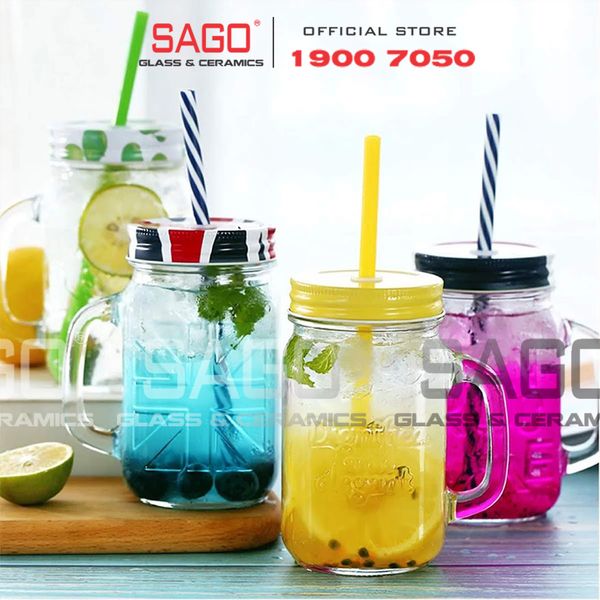  Deli HMS001 - Ly Thủy Tinh Deli Có Quai France 490ml , Kèm Nắp Và ống hút | Thủy Tinh Cao Cấp 