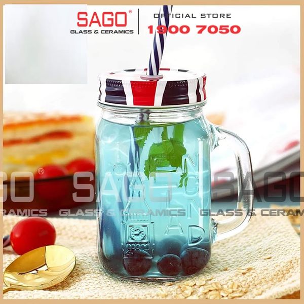  Deli HMS001 - Ly Thủy Tinh Deli Có Quai France 490ml , Kèm Nắp Và ống hút | Thủy Tinh Cao Cấp 