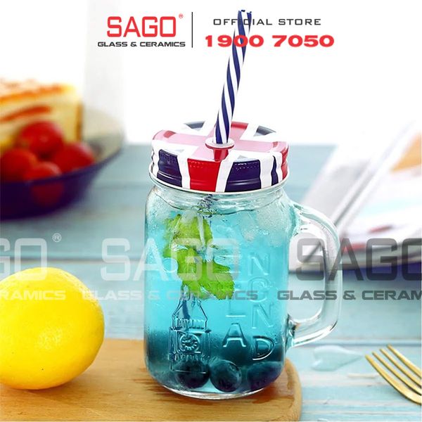  Deli HMS001 - Ly Thủy Tinh Deli Có Quai France 490ml , Kèm Nắp Và ống hút | Thủy Tinh Cao Cấp 