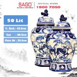  Cặp Chóe Bát Tràng Phong Thủy Men Lam 50 Lít | Họa Tiết Song Hươu Hợp Bích 