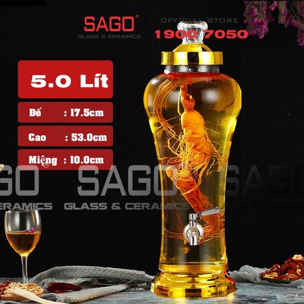  Bình Sâm Thủy Tinh Bầu Cao RS Cao Cấp 5.0 Lít | Tùy Chọn Có hoặc không Vòi 