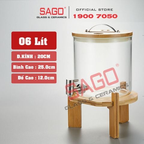  Bình Sâm Trụ Ngâm Rượu Thủy Tinh Có Chân Đế Gỗ 6.0 Lít | Nắp Thủy Tinh , Có Vòi Inox 