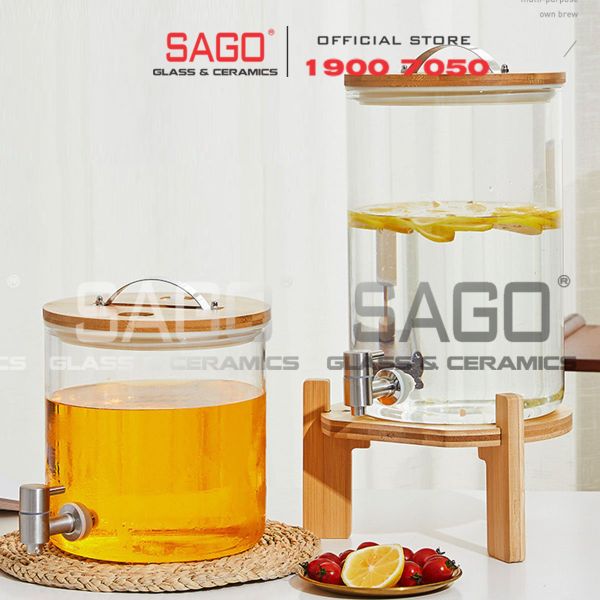  Bình Sâm Trụ Ngâm Rượu Thủy Tinh Có Chân Đế Gỗ 10 Lít | Nắp Thủy Tinh , Có Vòi Inox 