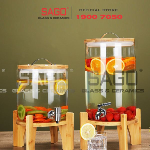  Bình Sâm Trụ Ngâm Rượu Thủy Tinh Có Chân Đế Gỗ 6.0 Lít | Nắp Thủy Tinh , Có Vòi Inox 