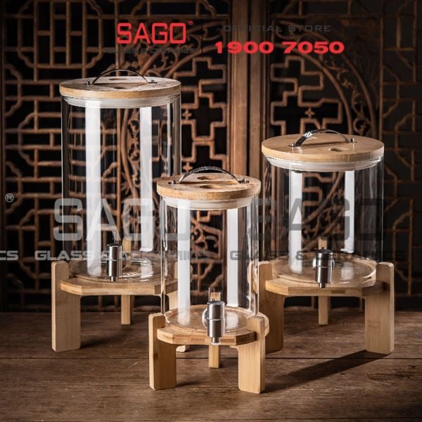  Bình Sâm Trụ Ngâm Rượu Thủy Tinh Có Chân Đế Gỗ 8.0 Lít | Nắp Thủy Tinh , Có Vòi Inox 