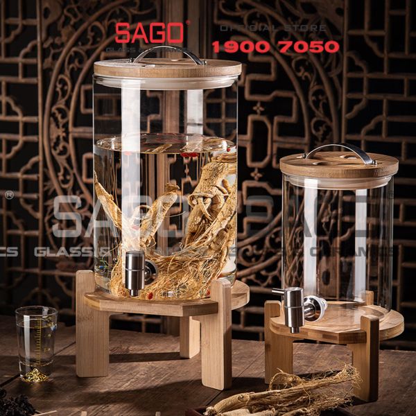  Bình Sâm Trụ Ngâm Rượu Thủy Tinh Có Chân Đế Gỗ 10 Lít | Nắp Thủy Tinh , Có Vòi Inox 