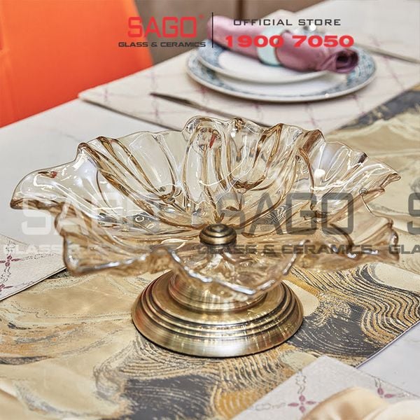 ELEGANT NC-308-1 - Dĩa Thủy Tinh Hoa Tulip Chân Đồng Elegant Đường Kính 38.0cm | Thủy Tinh Màu Cao Cấp 