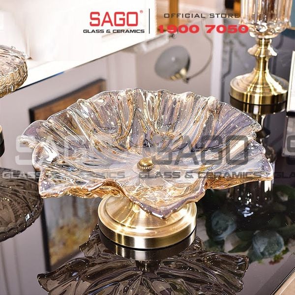  ELEGANT NC-308-1 - Dĩa Thủy Tinh Hoa Tulip Chân Đồng Elegant Đường Kính 38.0cm | Thủy Tinh Màu Cao Cấp 