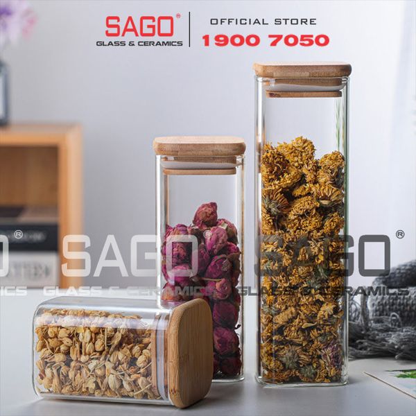  GPG4010-1 - Hũ Thủy Tinh Vuông Delisoga Borosilicate Storage Glass 825ml Nắp Gỗ | Thủy Tinh Cao Cấp 