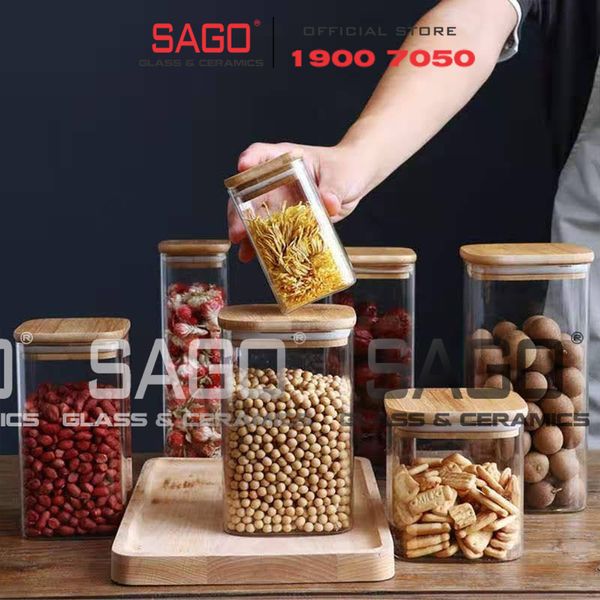  GPG4010-1 - Hũ Thủy Tinh Vuông Delisoga Borosilicate Storage Glass 825ml Nắp Gỗ | Thủy Tinh Cao Cấp 