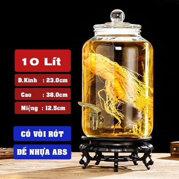  Bình Thủy Tinh Ngâm Rượu Bầu Lùn Nắp Thủy Tinh Có Ron Nhựa 10.0 Lít | Tùy Chọn Có hoặc không Vòi 