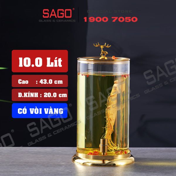  Bình Trụ Thủy Tinh Nắp Hưu Vàng 10.0 Lít | Có Vòi 