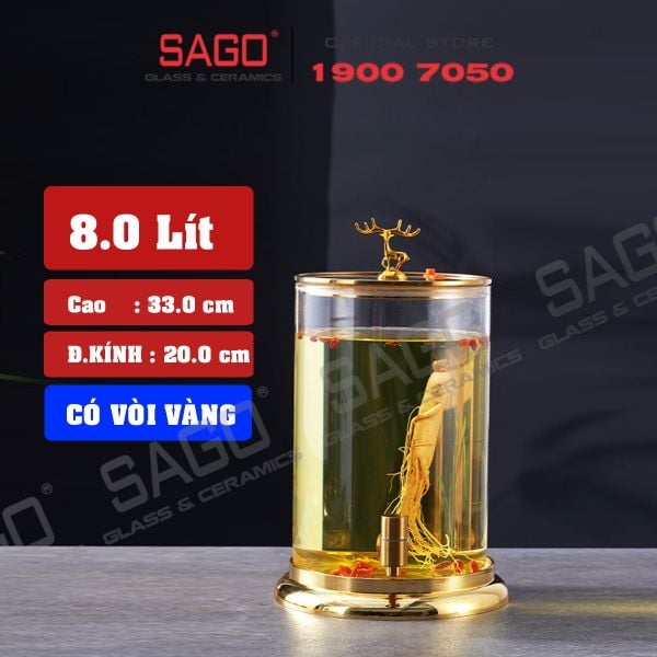  Bình Trụ Thủy Tinh Nắp Hưu Vàng 8.0 Lít | Có Vòi 