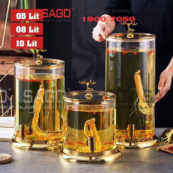  Bình Trụ Thủy Tinh Nắp Hưu Vàng 8.0 Lít | Có Vòi 