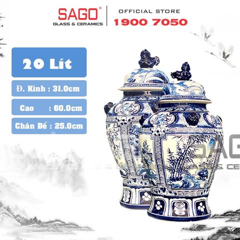  Cặp Chóe Bát Tràng Phong Thủy Men Lam 20 Lít | Họa Tiết Tứ Cảnh 