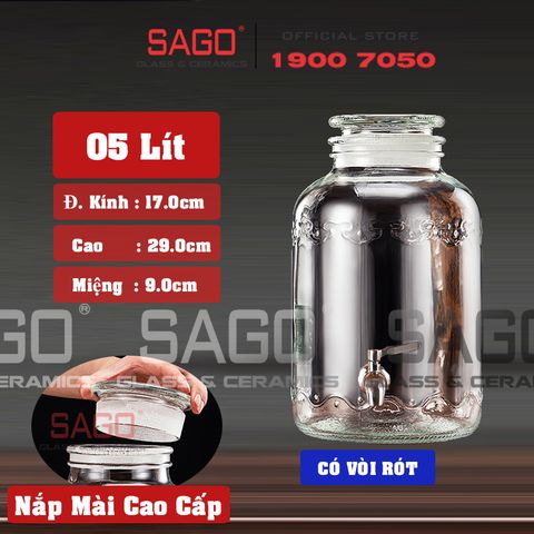  Bình Ngâm Rượu Bầu Lượn Sóng Nắp Mài 5.0 Lít | Tùy Chọn Có hoặc không Vòi 