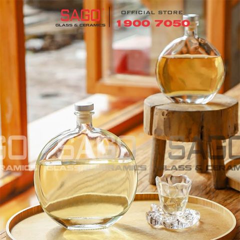  Bình Rượu Thủy Tinh Dẹp Tròn 500ml , 750ml Nút Nhấn | Bình Chiết Rượu Cao Cấp 