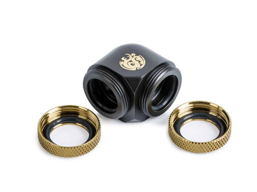 Bitspower Carbon Black/True Brass Enhance 90-Degree Dual Multi-Link Adapter For OD 12MM