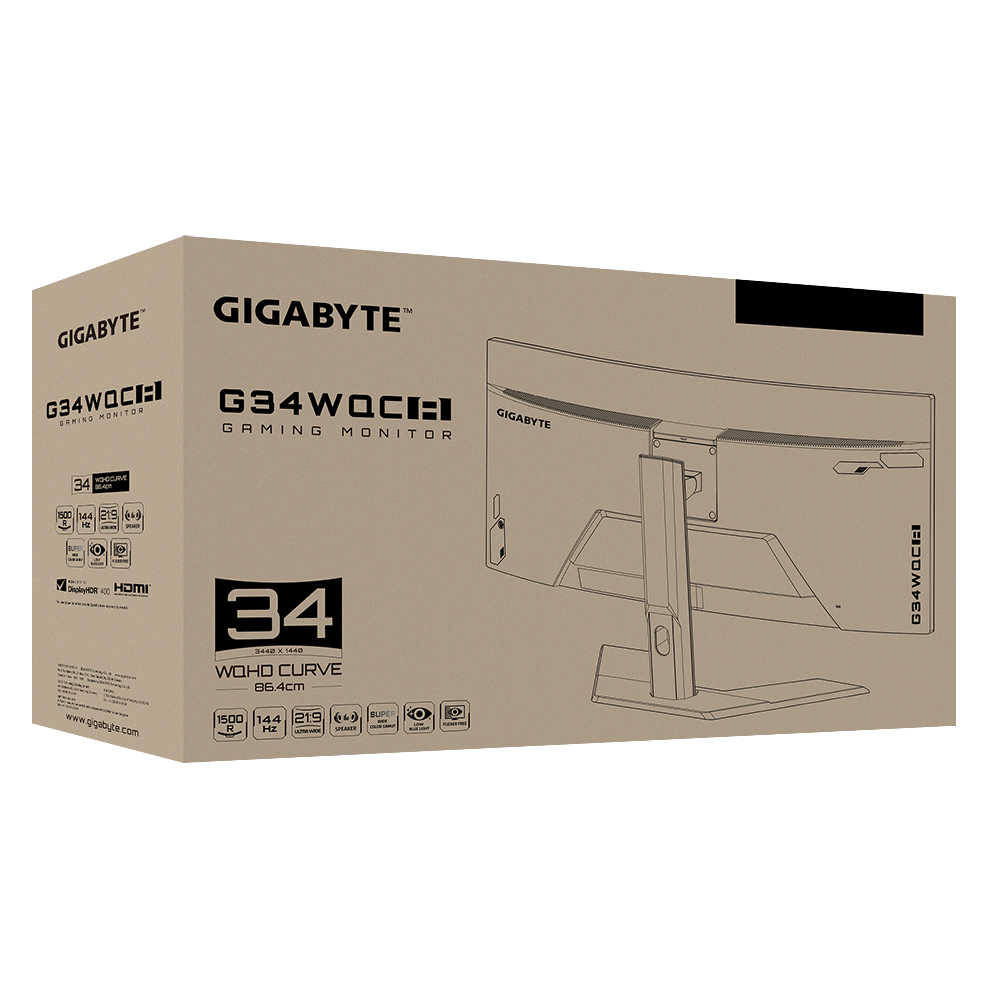 Màn hình GIGABYTE G34WQC-A Gaming (34 inch/WQHD/VA/144Hz/1ms/350nits/HDMI+DP/Loa/Cong)