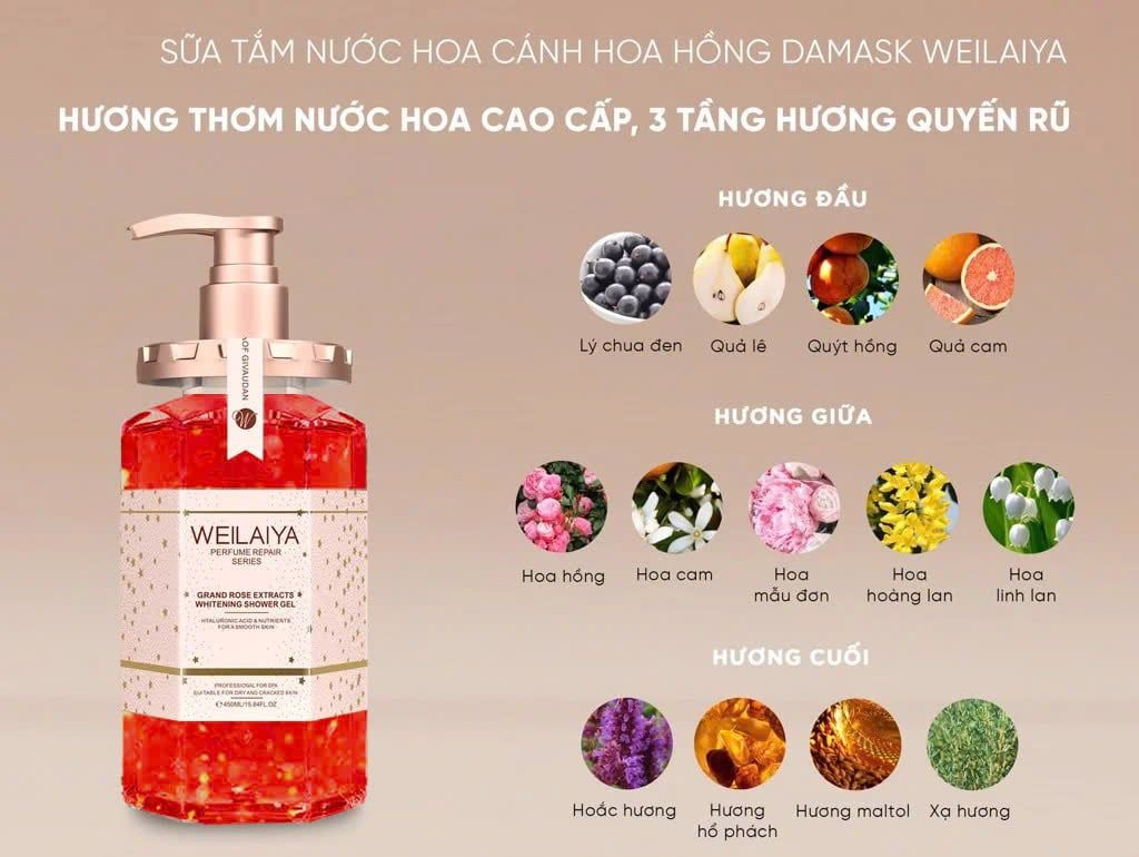 Sữa Tắm Trắng Da Weilaiya Niacinamide & Perfume Rose Whitening Shower Gel 450ml