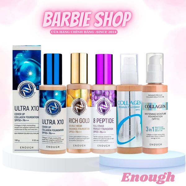 Kem Nền Enough Foundation 100ml Đủ Dòng (Ultra X10 Cover Up Collagen, Collagen Moisture SPF15, 8 Peptide Full Cover Perfect, Rich Gold Double Wear, Collagen 3 in 1 Whitening Moisture)