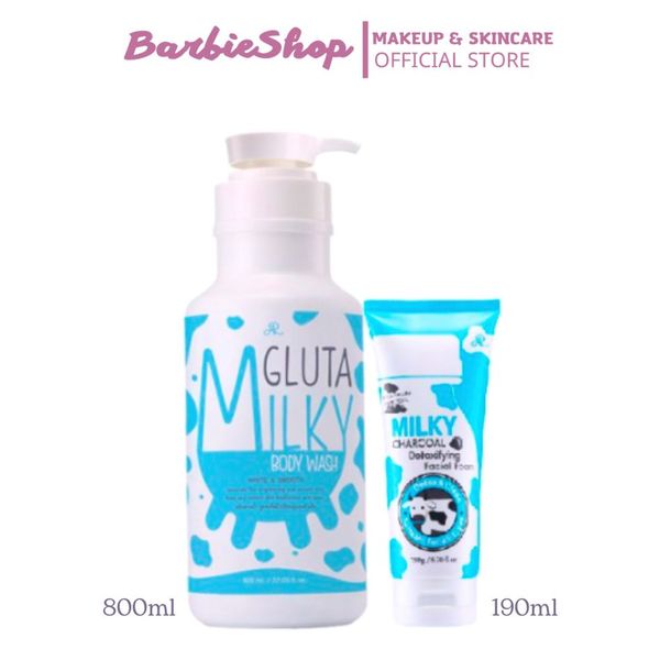 Set Sữa Tắm Bò Gluta Milky + Sữa Rửa Mặt Milky Aron (800ml + 190ml)