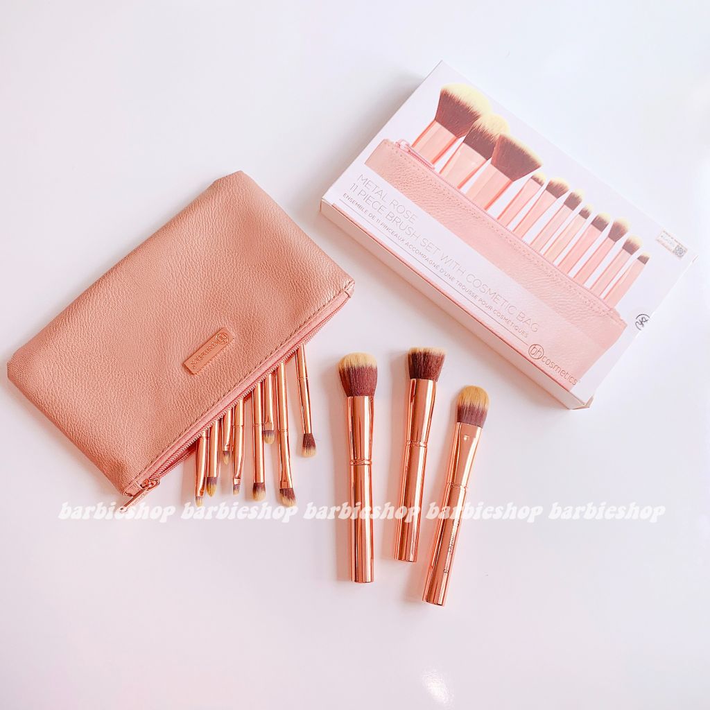 Bộ Cọ Trang Điểm 11 Cây BH Cosmetics Metal Rose 11 Piece Brush Set With Bag- Cọ Túi Hồng