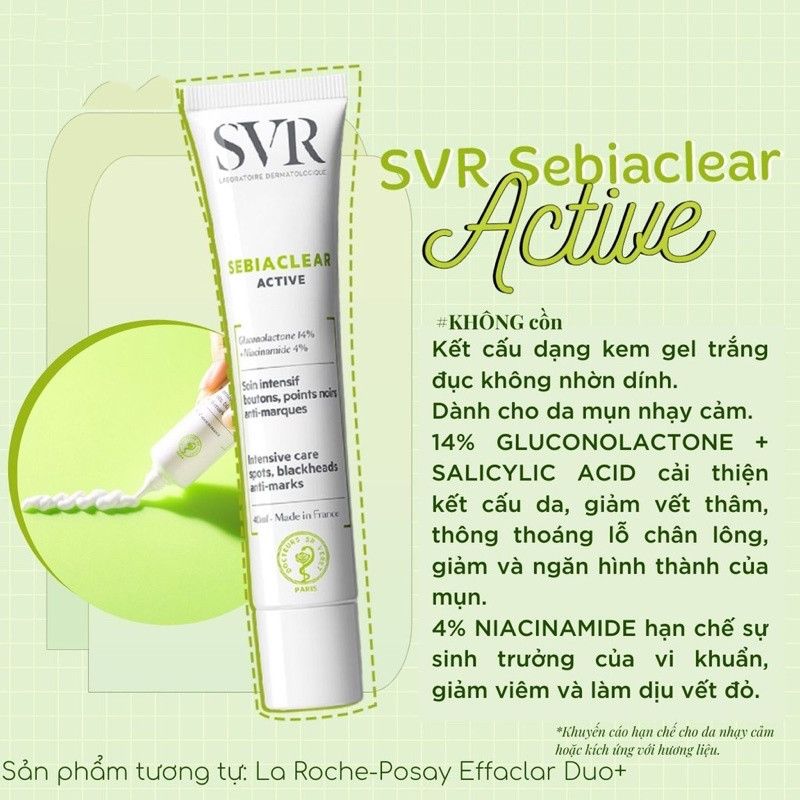 Kem mặt giảm mụn SVR Active Gel Sebiaclear 40ml- dạng gel và kem